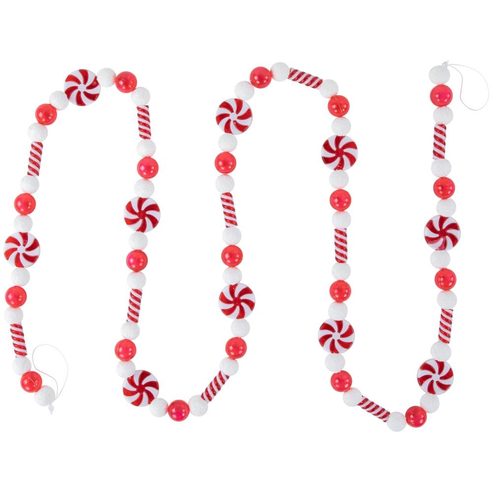 Beaded Garland | 6′ Red and White Frosted Peppermint Candy Christmas Garland, Unlit Beaded Garland Beaded Garland