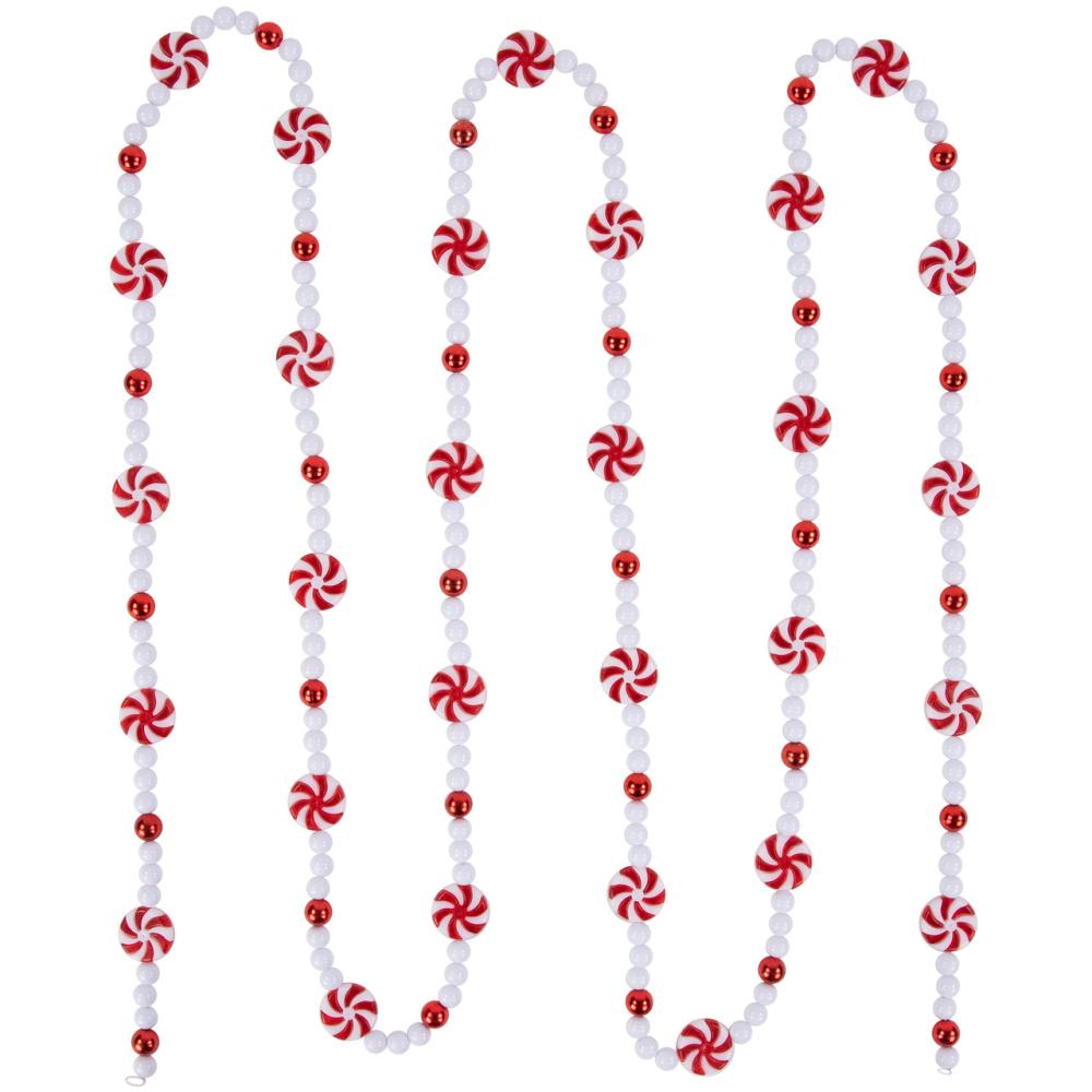 Beaded Garland | 9′ Red and White Peppermint Candy Beaded Christmas Garland, Unlit Beaded Garland Beaded Garland