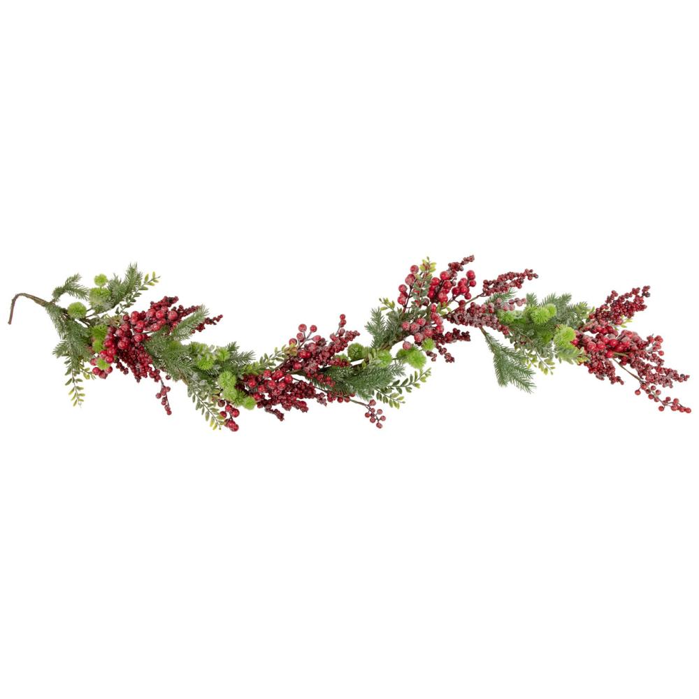 Berry Garland | 5′ x 8" Frosted Red Berry and Pine Artificial Christmas Garland, Unlit Berry Garland Berry Garland