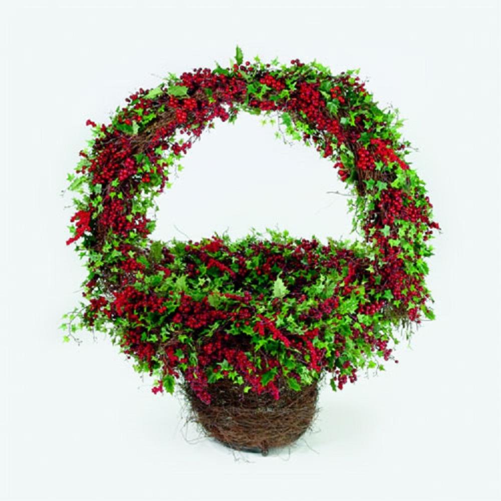 Berry Wreaths | 33" Green and Red Holly Ivy Christmas Display Basket Berry Wreaths Berry Wreaths