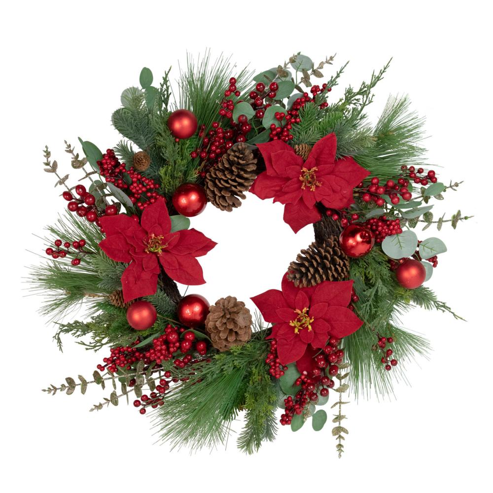 Berry Wreaths | Artificial Red Berry and Poinsettia Christmas Wreath, 28-Inch, Unlit Berry Wreaths Berry Wreaths