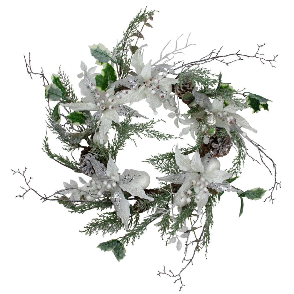 Berry Wreaths | Iced White Poinsettia Artificial Christmas Wreath – 22 inch, Unlit Berry Wreaths Berry Wreaths