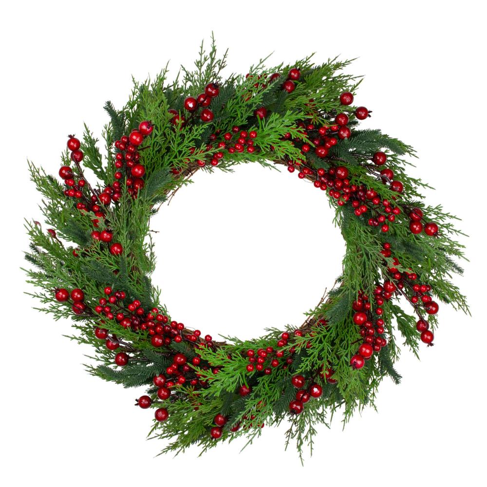 Berry Wreaths | Mixed Pine and Berries Artificial Christmas Wreath – 26 inch, Unlit Berry Wreaths Berry Wreaths