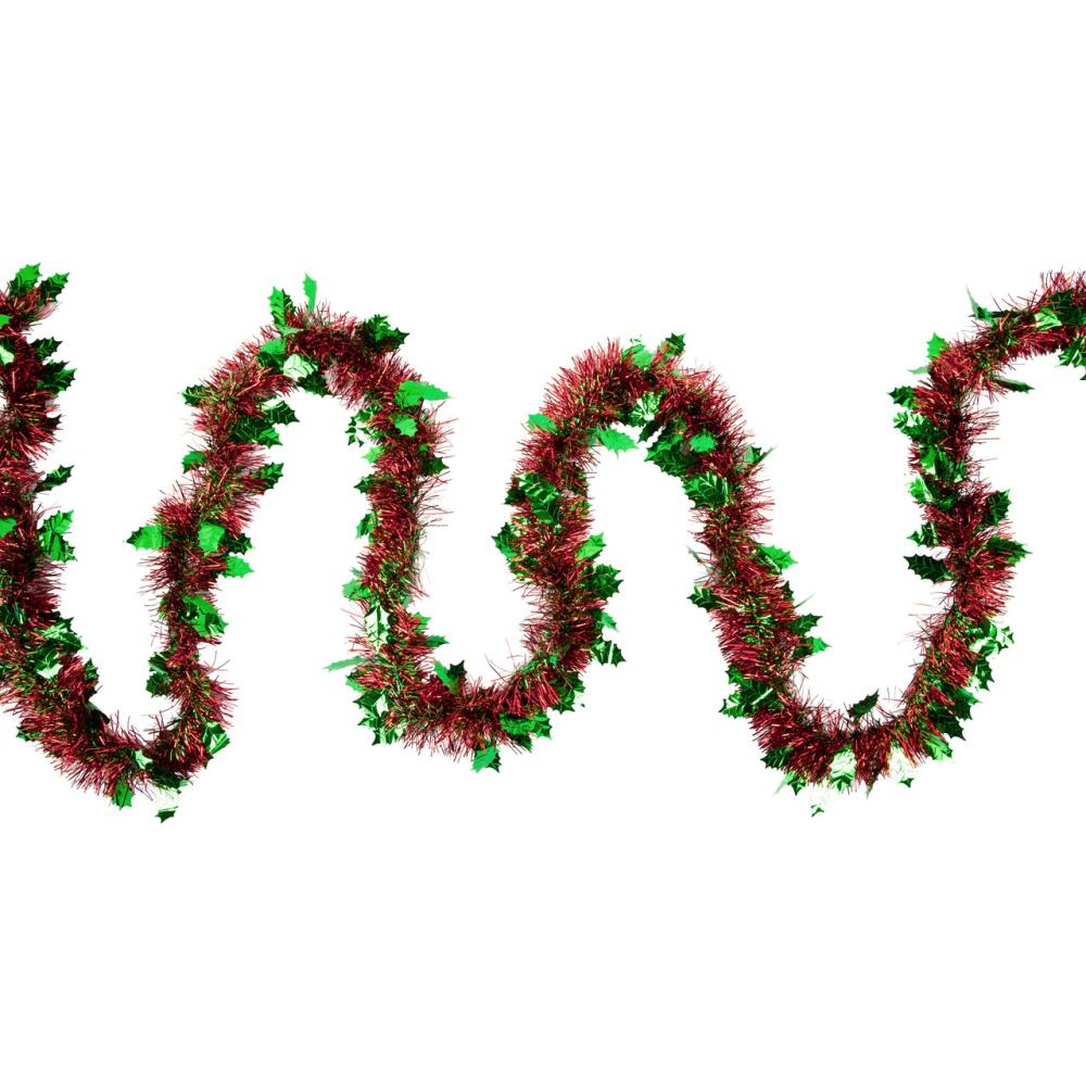 Classic Tinsel Garland | 12′ x 4" Shiny Red and Green Christmas Tinsel Garland with Holly Leaves – Unlit Classic Tinsel Garland Classic Tinsel Garland