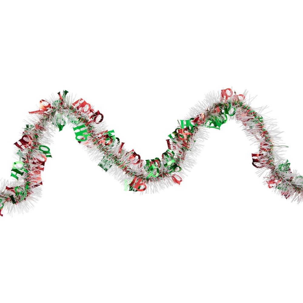 Classic Tinsel Garland | Christmas HO HO HO Wrapped Tinsel Garland – 50′ x 2.5" – White, Red and Green – Unlit Classic Tinsel Garland Classic Tinsel Garland