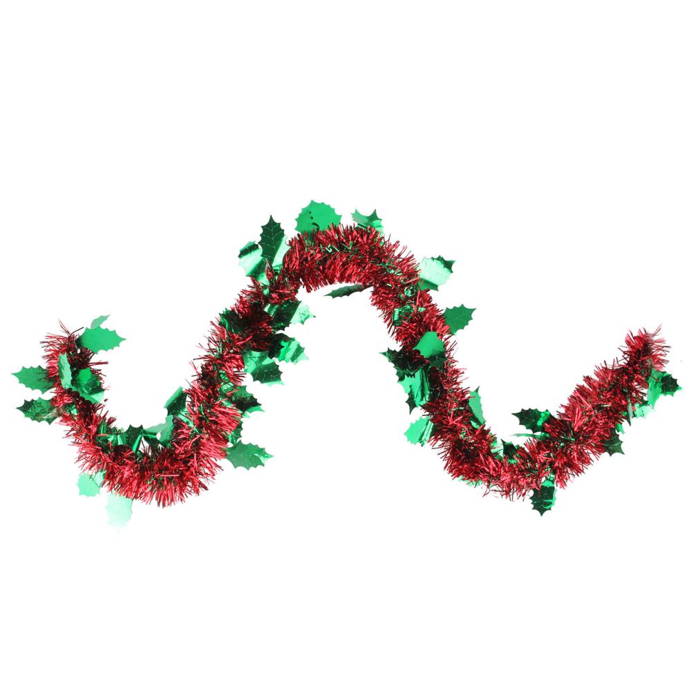 Classic Tinsel Garland | Shiny Tinsel Commercial Christmas Garland with Holly 50′ – Red and Green – Unlit Garland Classic Tinsel Garland