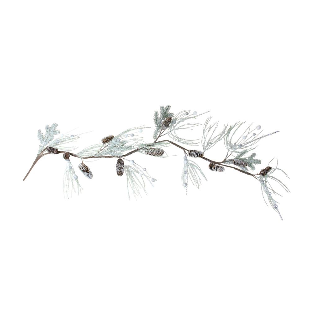 Frosted, Flocked, Iced Garland | 5′ Snowy White and Brown Frosted Crystal Twig Pine Cone Christmas Garland Frosted, Flocked, Iced Garland Frosted, Flocked, Iced Garland