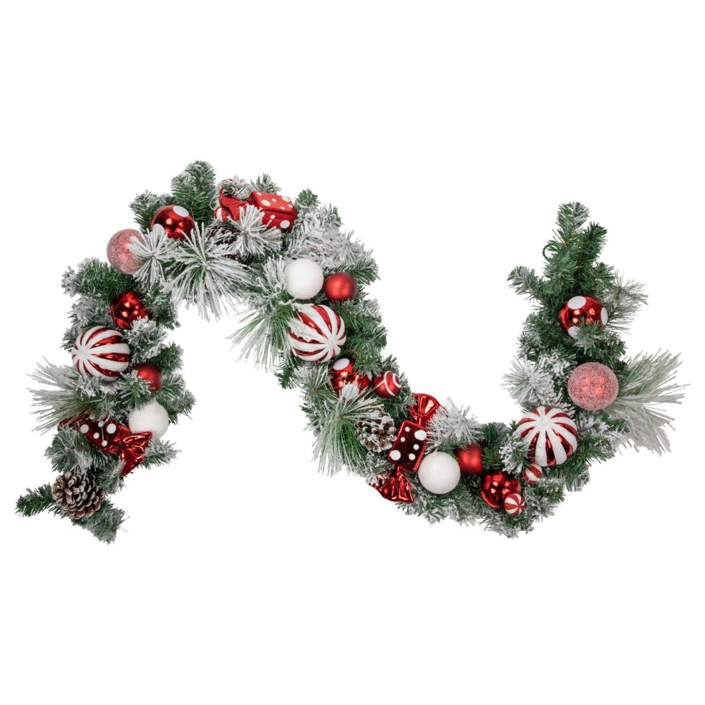 Frosted, Flocked, Iced Garland | 6′ Flocked Pine Artificial Christmas Garland with Candy Ornaments and Pinecones Frosted, Flocked, Iced Garland Frosted, Flocked, Iced Garland