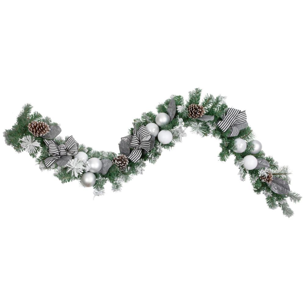 Frosted, Flocked, Iced Garland | 6′ Frosted Pine Artificial Christmas Garland with Striped Bows and Ornaments Frosted, Flocked, Iced Garland Frosted, Flocked, Iced Garland