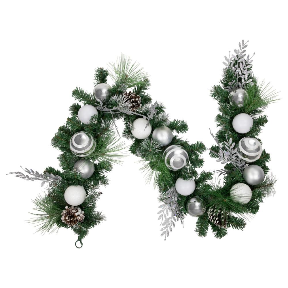 Frosted, Flocked, Iced Garland | 6′ Green Pine Needle Garland with Pinecones and Striped Christmas Ornaments, Unlit Frosted, Flocked, Iced Garland