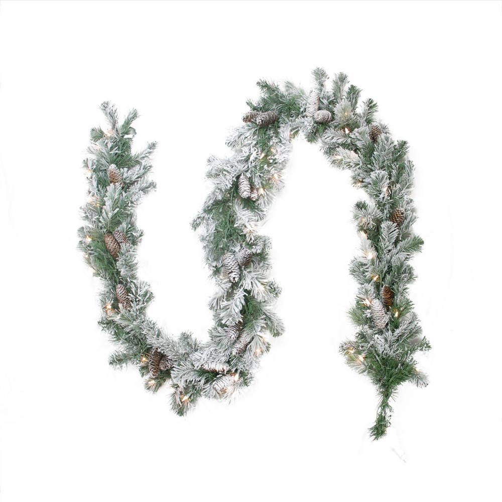 Frosted, Flocked, Iced Garland | 9′ x 8" Pre-lit Flocked Victoria Pine Artificial Christmas Garland – Clear Lights Frosted, Flocked, Iced Garland Frosted, Flocked, Iced Garland