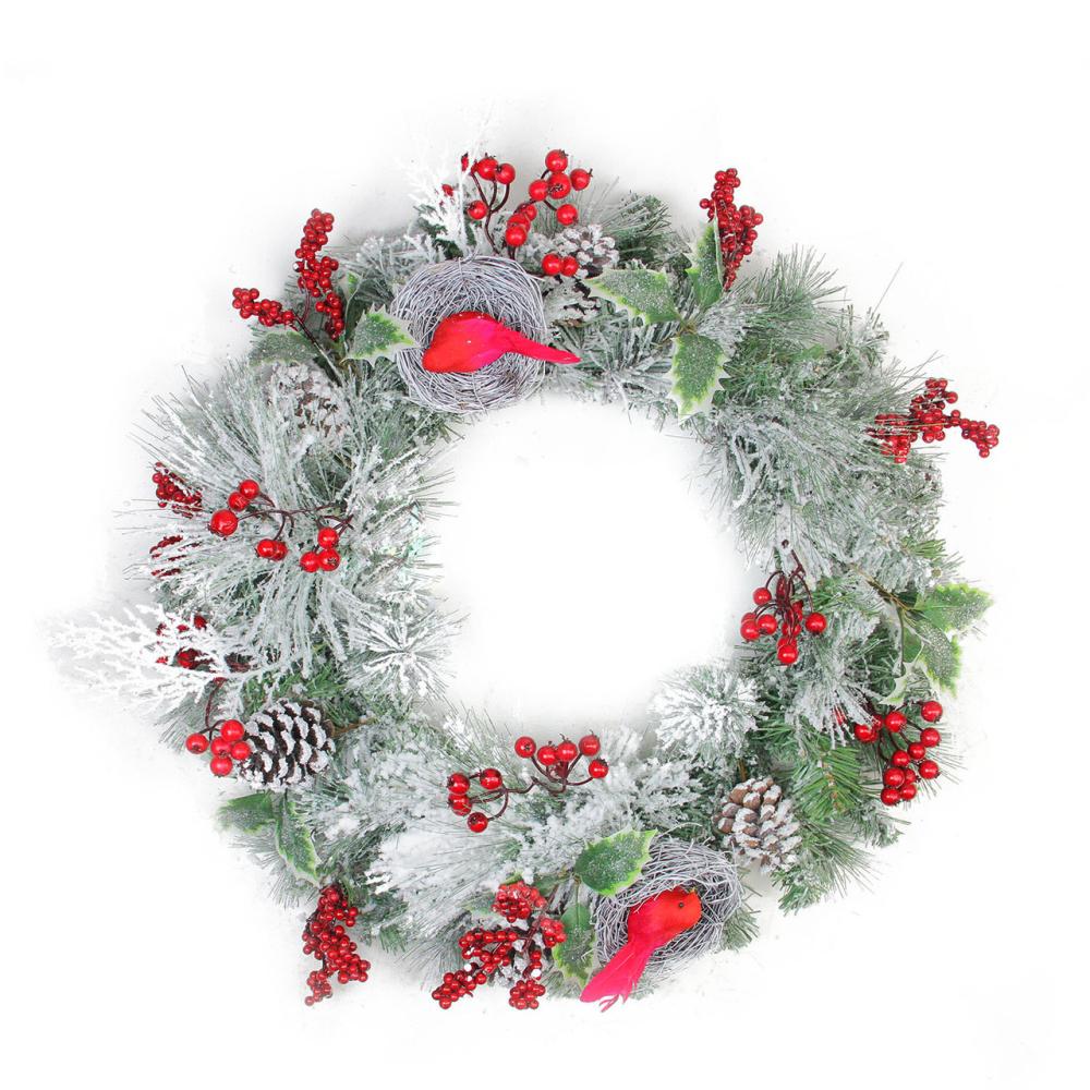 Frosted, Flocked, Iced Wreaths | Berries and Red Cardinals in Nests Flocked Artificial Christmas Wreath, 24-Inch, Unlit Frosted, Flocked, Iced Wreaths Frosted, Flocked, Iced Wreaths