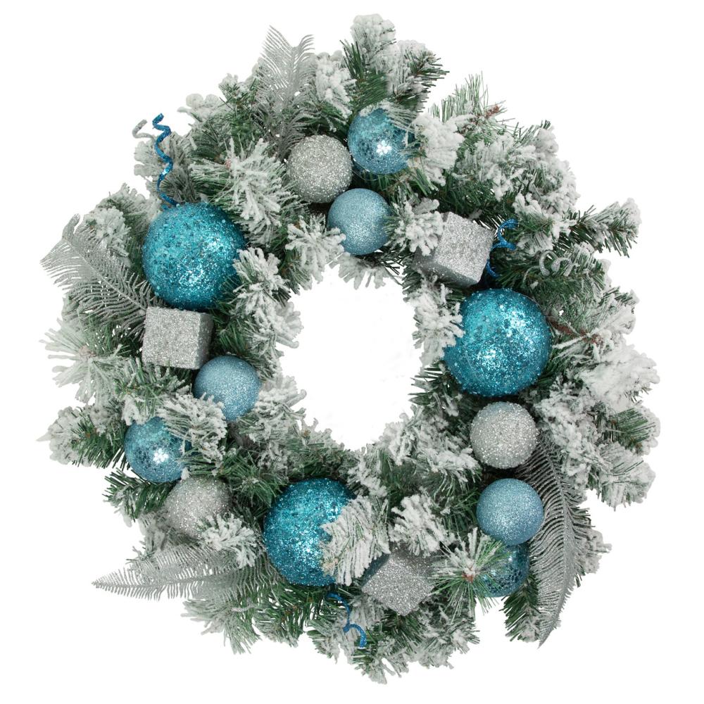 Frosted, Flocked, Iced Wreaths | Flocked Pine with Teal and Silver Ornaments Artificial Christmas Wreath, 24-Inch, Unlit Frosted, Flocked, Iced Wreaths Frosted, Flocked, Iced Wreaths