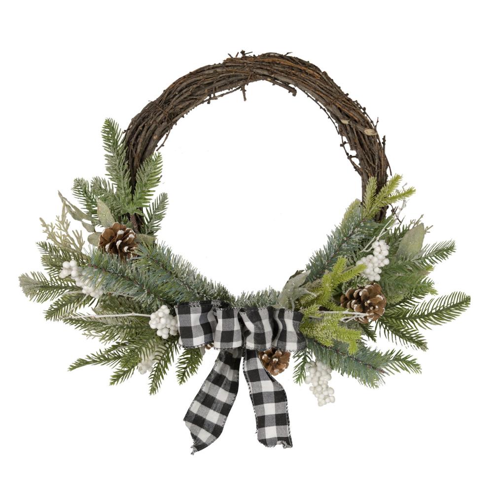 Frosted, Flocked, Iced Wreaths | Plaid Bow and Winter Foliage Artificial Christmas Twig Wreath – 23-inch, Unlit Frosted, Flocked, Iced Wreaths Frosted, Flocked, Iced Wreaths