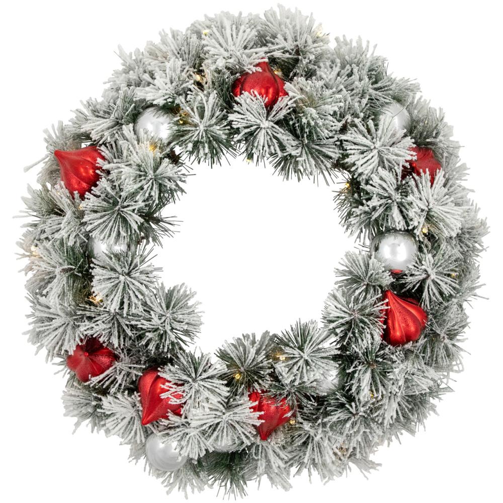 Frosted, Flocked, Iced Wreaths | Pre-Lit Battery Operated Snowy Bristle Pine Christmas Wreath – 24" – Warm White LED Lights Frosted, Flocked, Iced Wreaths Frosted, Flocked, Iced Wreaths