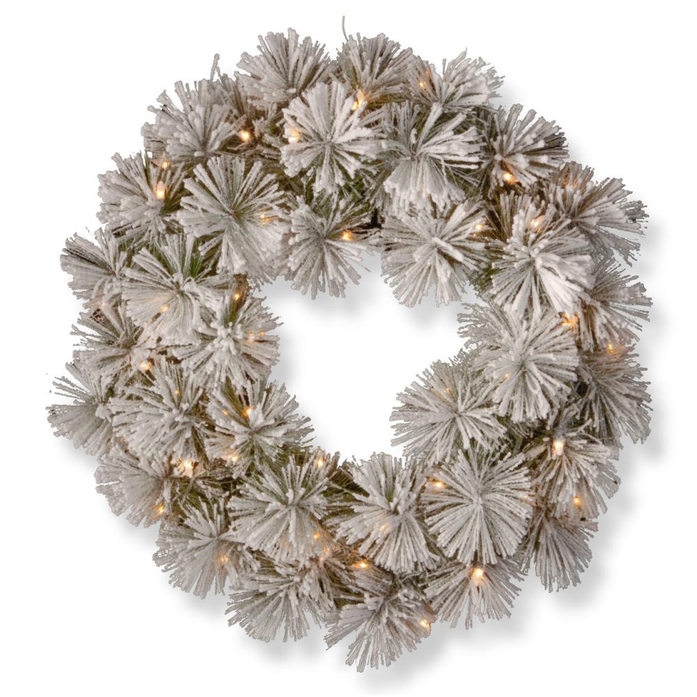 Frosted, Flocked, Iced Wreaths | Pre-Lit Flocked Bristle Pine Artificial Christmas Wreath, 24-Inch, White LED Lights Frosted, Flocked, Iced Wreaths Frosted, Flocked, Iced Wreaths