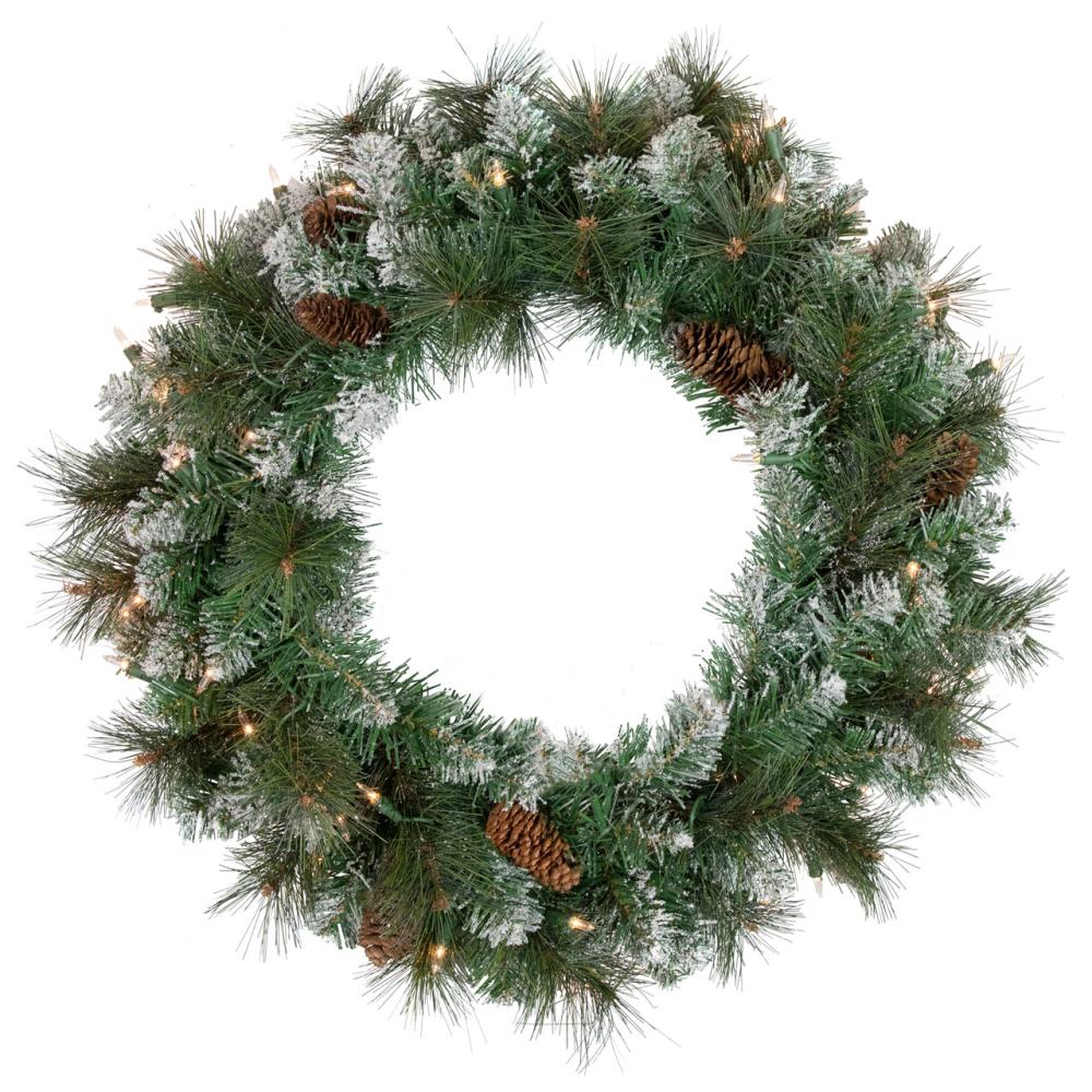 Frosted, Flocked, Iced Wreaths | Real Touch™️ Pre-Lit Snow Valley Pine Artificial Christmas Wreath – 24" – Clear Lights Wreaths Frosted, Flocked, Iced Wreaths