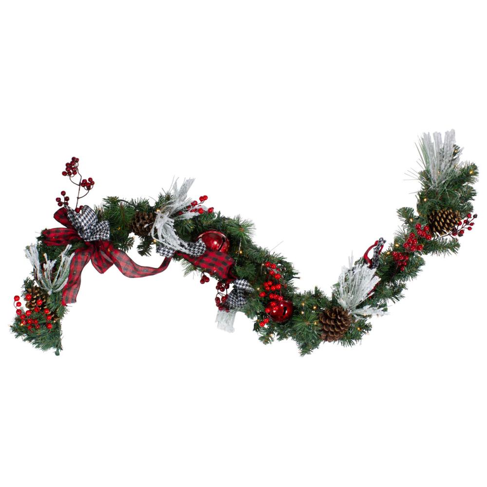 Pre-Lit Garland | 6′ x 12" Pre-Lit Plaid Bows and Red Berries Artificial Christmas Garland – Warm White Lights Garland Pre-Lit Garland