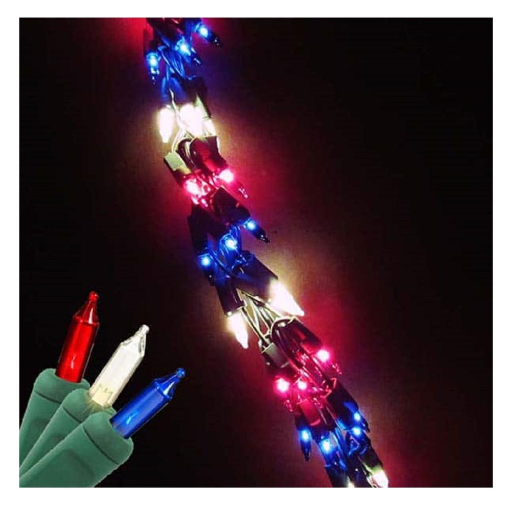 Pre-Lit Garland | 9′ 300 Direct Blue Red and White Chain Garland Lights – Green Wire Garland Pre-Lit Garland