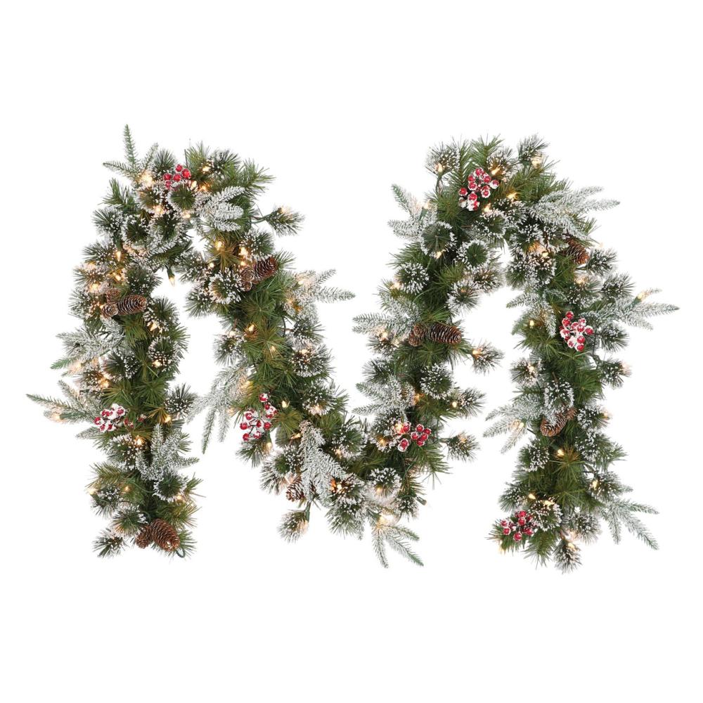 Pre-Lit Garland | 9′ x 10" Pre-Lit Flocked Pine Cone and Berries Christmas Garland, Clear Lights Garland Pre-Lit Garland