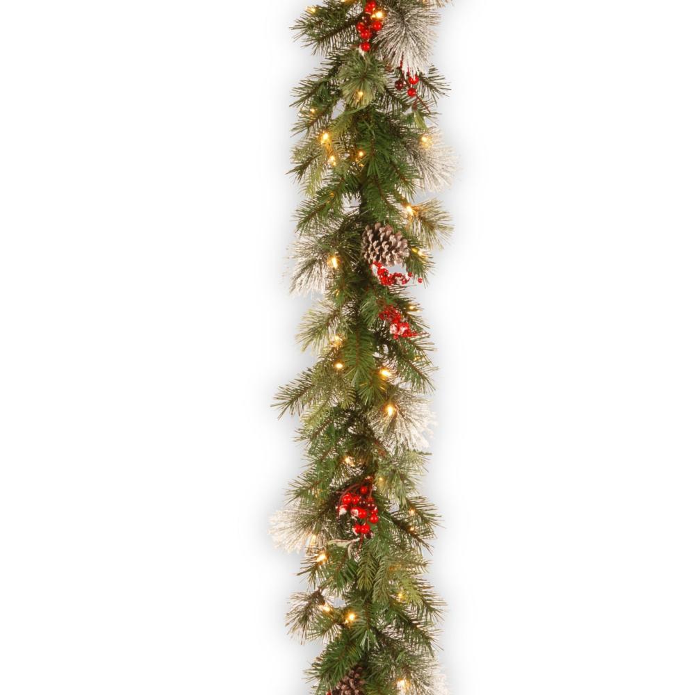 Pre-Lit Garland | 9′ x 12" Pre-Lit Wintry Berry Artificial Christmas Garland, Clear Lights Garland Pre-Lit Garland