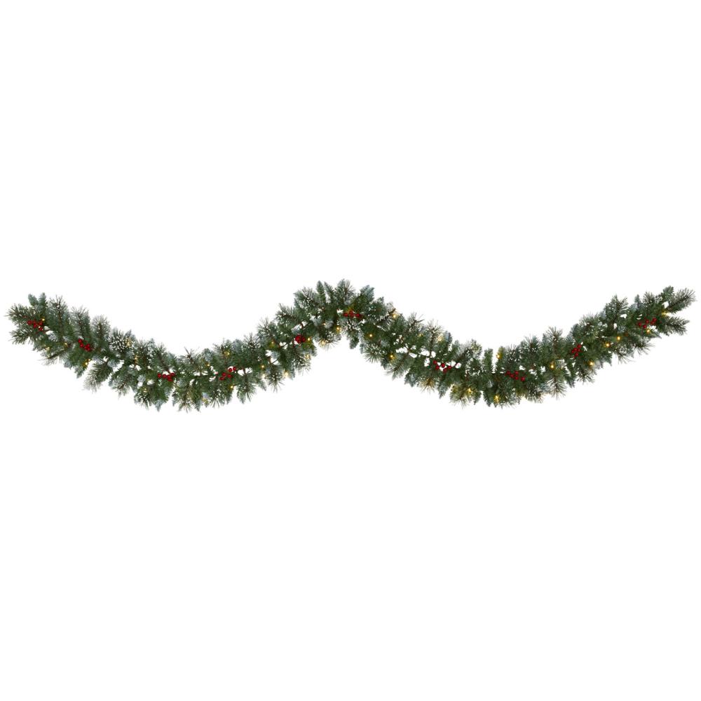 Pre-Lit Garland | 9’ x 7" Pre-Lit Frosted Swiss Pine and Berries Artificial Christmas Garland, Clear LED Lights Garland Pre-Lit Garland