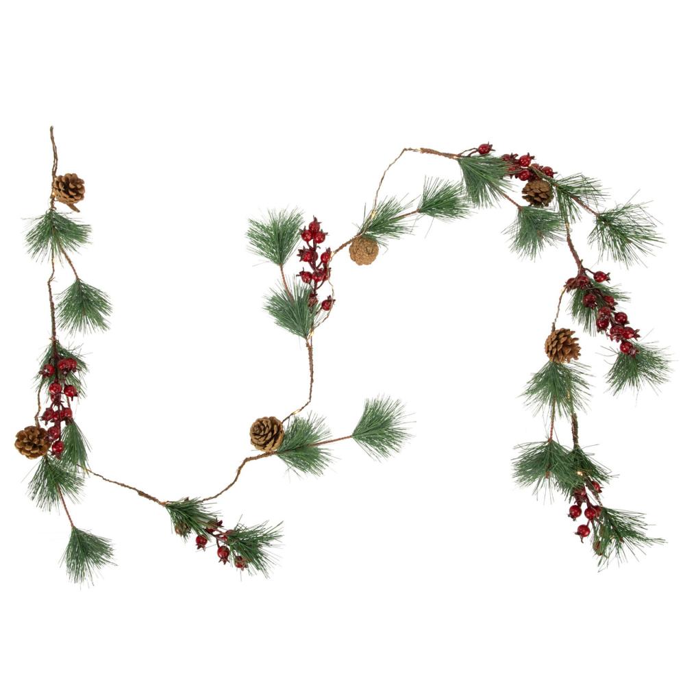 Pre-Lit Garland | Pre-Lit Battery Operated Pine and Berry Christmas Garland – 6.5′ – Warm White LED Lights Garland Pre-Lit Garland