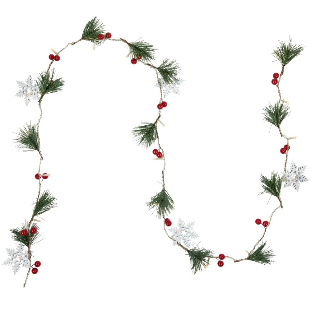 Pre-Lit Garland | Pre-Lit B/O Pine, Berry and Snowflake Christmas Garland – 6′ – Warm White LED Lights Garland Pre-Lit Garland