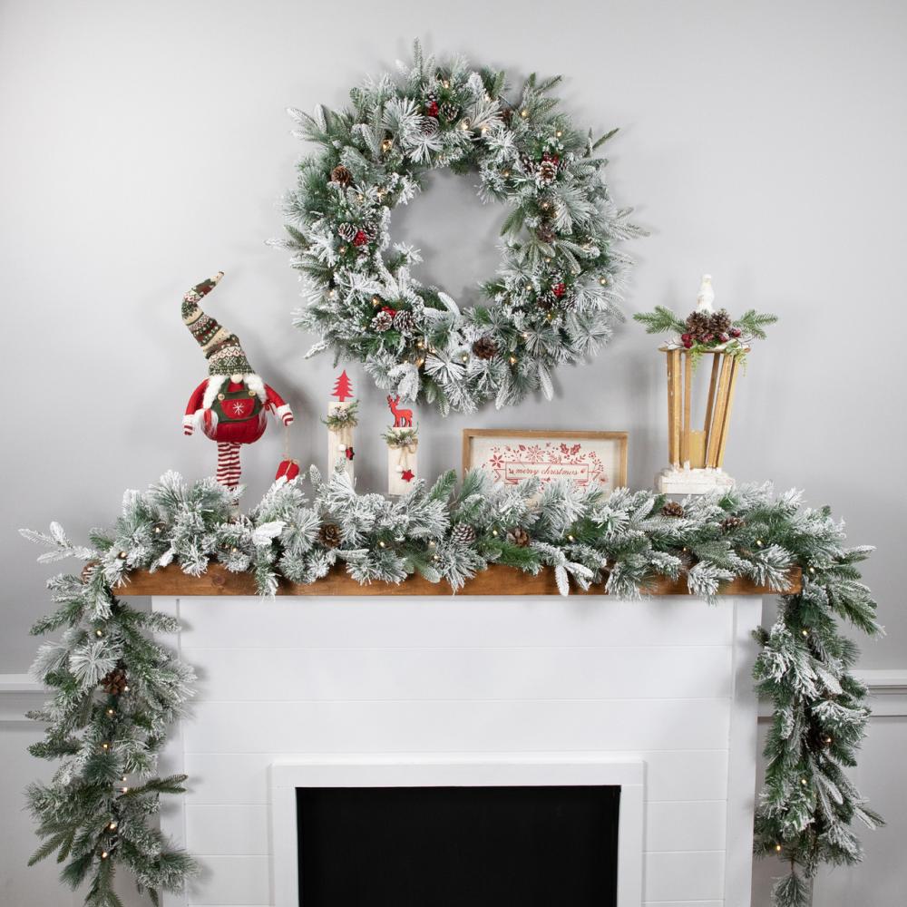 Pre-Lit Garland | Real Touch™️ Pre-Lit Flocked Mixed Rosemary Pine Artificial Christmas Garland – 9′ x 14" – Warm White LED Lights Frosted, Flocked, Iced Garland Frosted, Flocked, Iced Garland