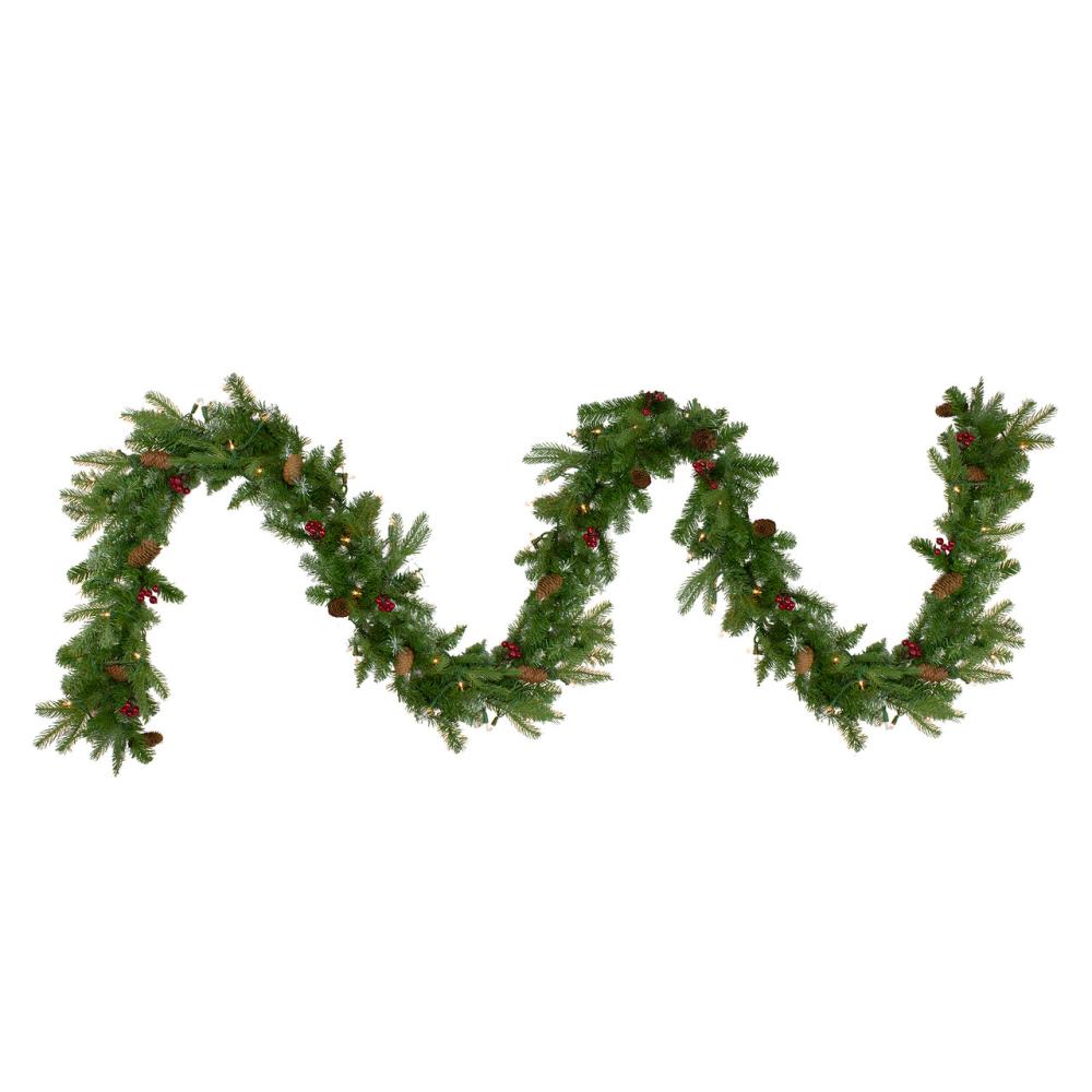 Pre-Lit Garland | Real Touch™️ Pre-Lit Mixed Winter Berry Pine Artificial Christmas Garland – 9′ x 12" – Clear Lights Garland Pre-Lit Garland