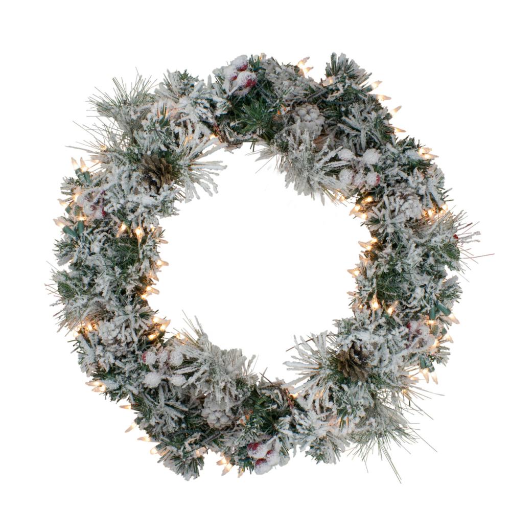 Pre-Lit Wreaths | 24" Pre-lit Heavily Flocked Berries and Pine Cones Artificial Christmas Wreath – Clear Lights Frosted, Flocked, Iced Wreaths Frosted, Flocked, Iced Wreaths