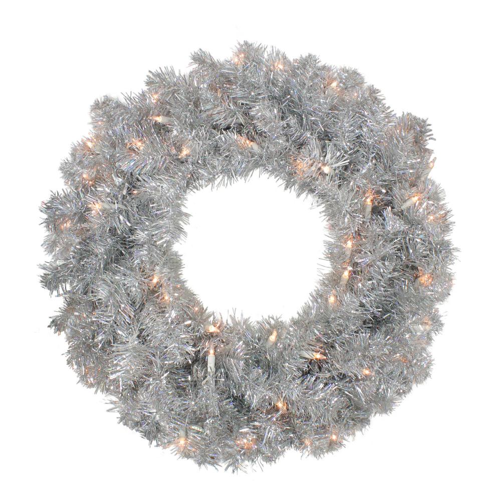 Pre-Lit Wreaths | 24" Pre-Lit Silver Sparkling Tinsel Artificial Christmas Wreath – Clear Lights Pre-Lit Wreaths Pre-Lit Wreaths