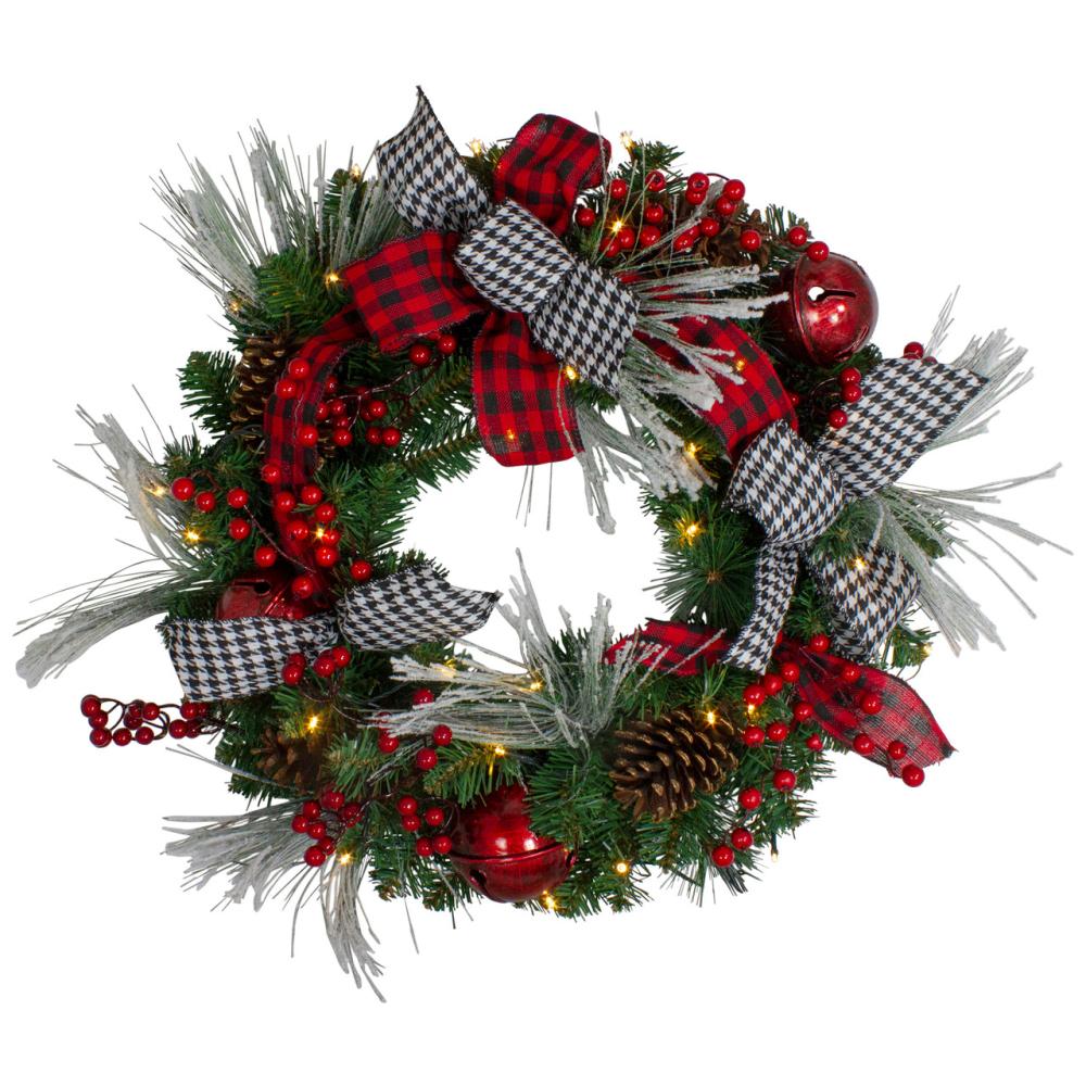 Pre-Lit Wreaths | Pre-Lit Decorated Plaid and Houndstooth Artificial Christmas Wreath – 24-Inch, Warm White Lights Pre-Lit Wreaths Pre-Lit Wreaths