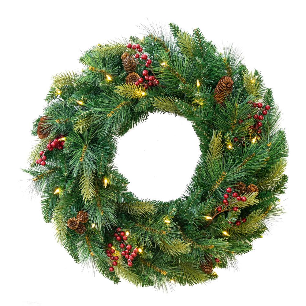 Pre-Lit Wreaths | Pre-Lit Pine Artificial Christmas Wreath, 24-Inch, Multi-Function LED Lights Pre-Lit Wreaths Pre-Lit Wreaths