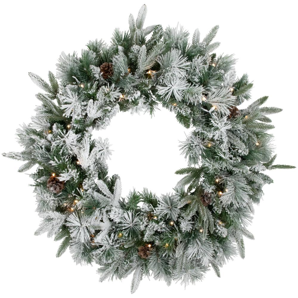 Pre-Lit Wreaths | Real Touch™️ Pre-Lit Flocked Rosemary Emerald Angel Pine Artificial Christmas Wreath – 30" – Clear LED Lights Frosted, Flocked, Iced Wreaths Frosted, Flocked, Iced Wreaths