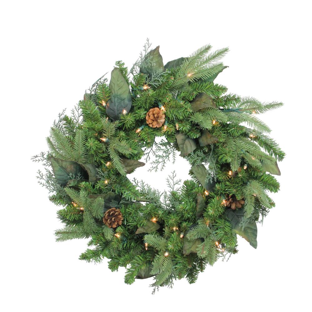 Pre-Lit Wreaths | Real Touch™️ Pre-Lit Mixed Winter Pine Artificial Christmas Wreath – 24" – Clear Lights Pre-Lit Wreaths Pre-Lit Wreaths