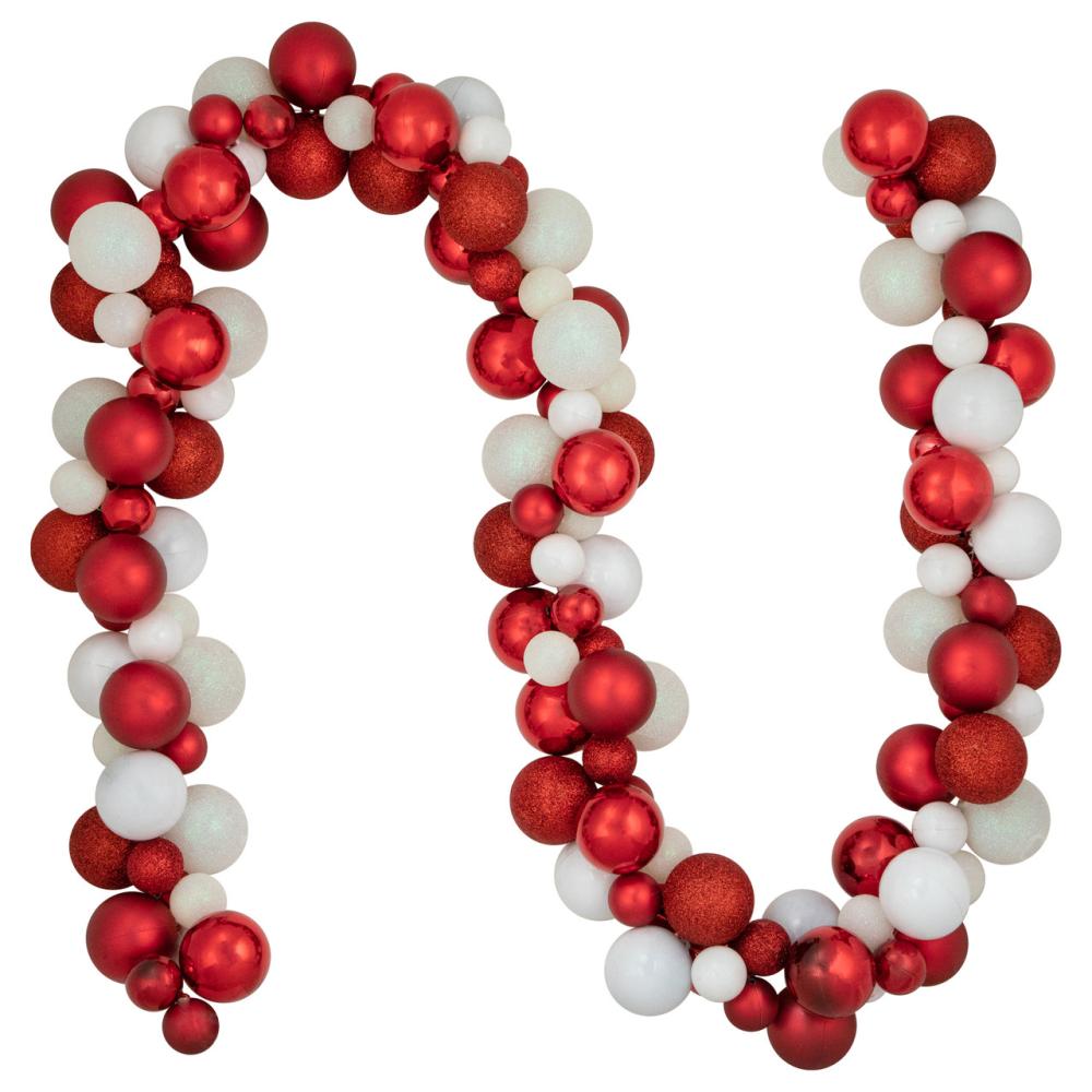 Shatterproof Ball Garland | 6′ Red and White 3-Finish Shatterproof Ball Christmas Garland Garland Shatterproof Ball Garland