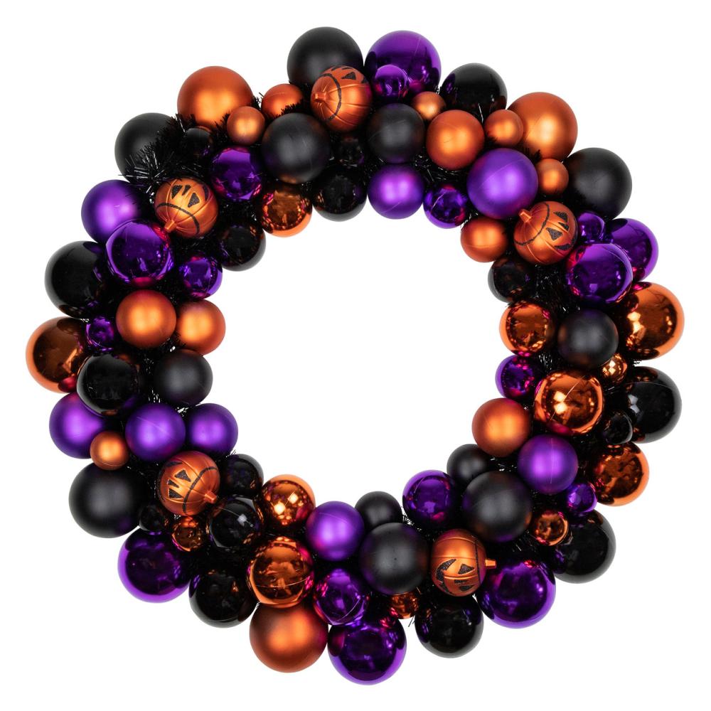 Shatterproof Ball Wreaths | Jack-O-Lantern Shatterproof Ball Ornament Halloween Wreath – 24-Inch, Unlit Shatterproof Ball Wreaths Shatterproof Ball Wreaths