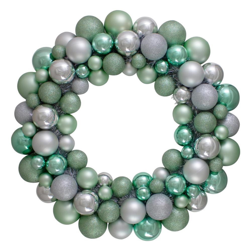 Shatterproof Ball Wreaths | Silver and Seafoam Green 3-Finish Shatterproof Ball Christmas Wreath – 24-Inch, Unlit Shatterproof Ball Wreaths Shatterproof Ball Wreaths