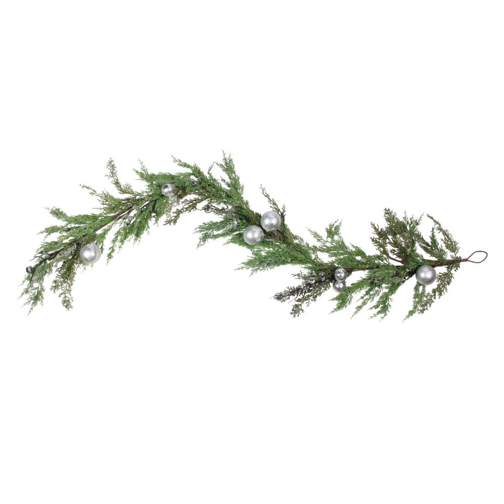 Specialty Garland | 5′ Green and Silver Iced Cedar Christmas Garland with Ornaments Bells – Unlit Garland Specialty Garland