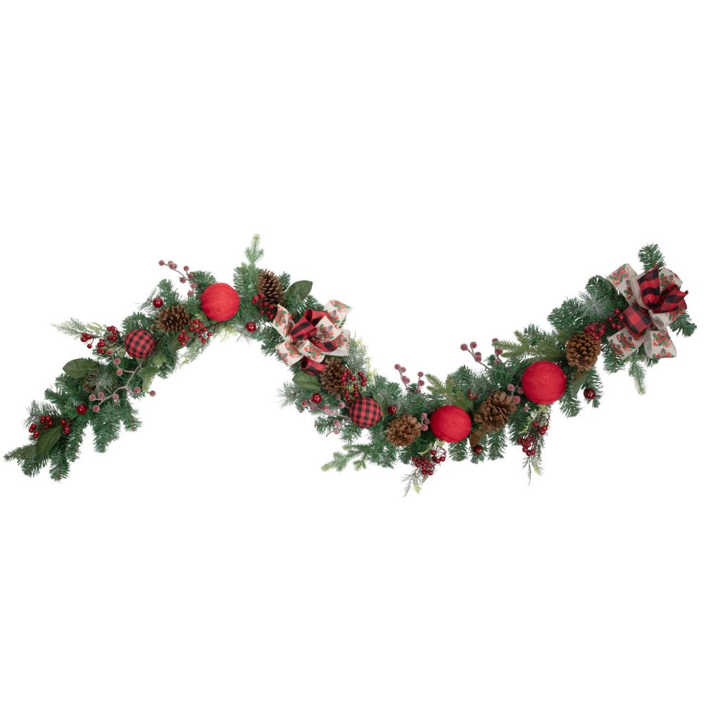 Specialty Garland | 6′ Green Pine Artificial Christmas Garland with Plaid Ornaments and Bows Frosted, Flocked, Iced Garland Frosted, Flocked, Iced Garland