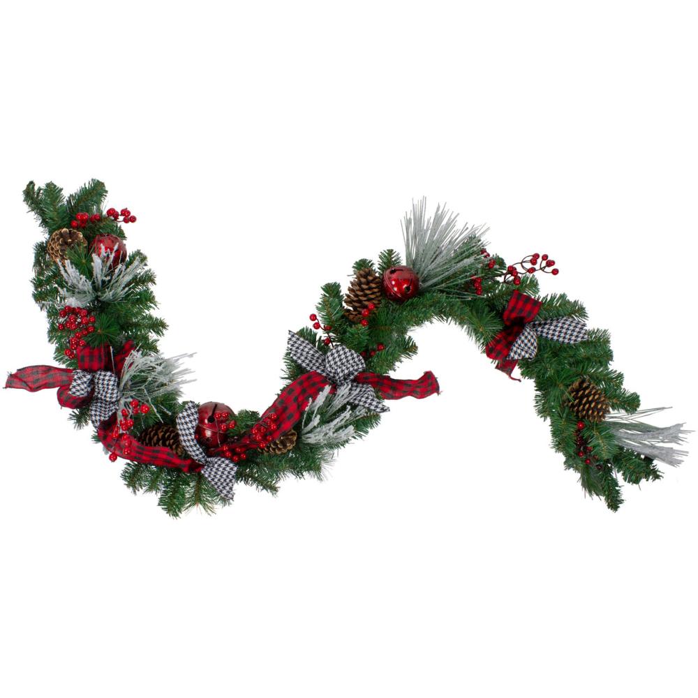 Specialty Garland | 6′ x 12" Plaid and Houndstooth and Berries Artificial Christmas Garland – Unlit Garland Specialty Garland