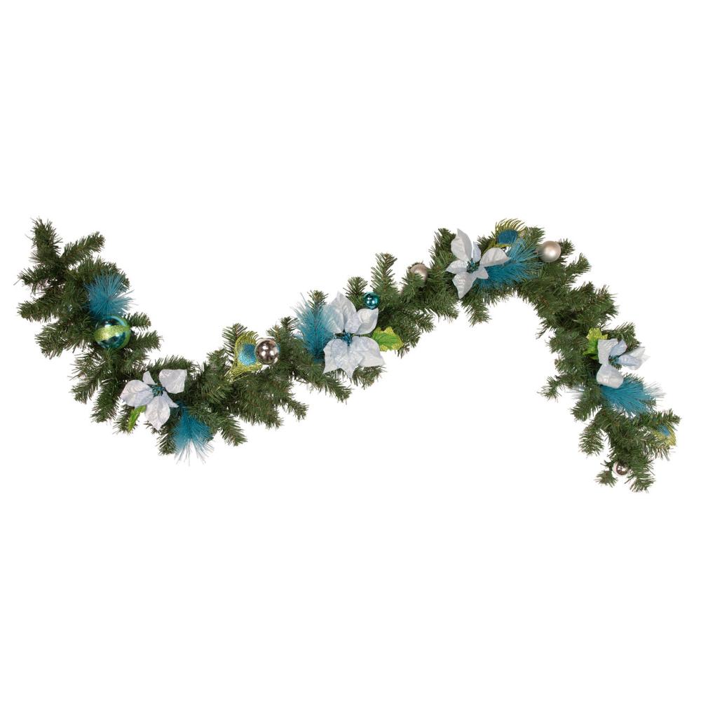 Specialty Garland | 6′ x 9" Peacock Feather and Poinsettia Artificial Christmas Garland, Unlit Garland Specialty Garland