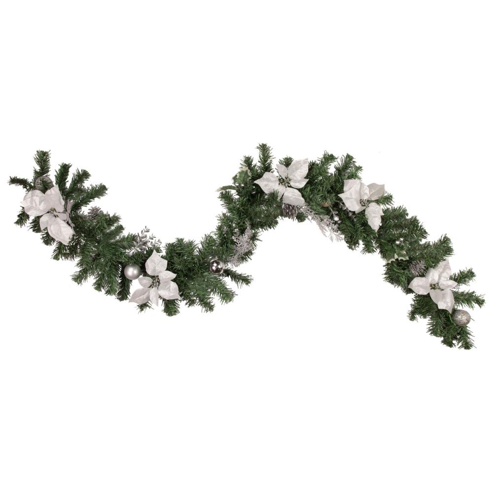 Specialty Garland | 6′ x 9" Silver Poinsettia and Pinecone Artificial Christmas Garland, Unlit Garland Specialty Garland