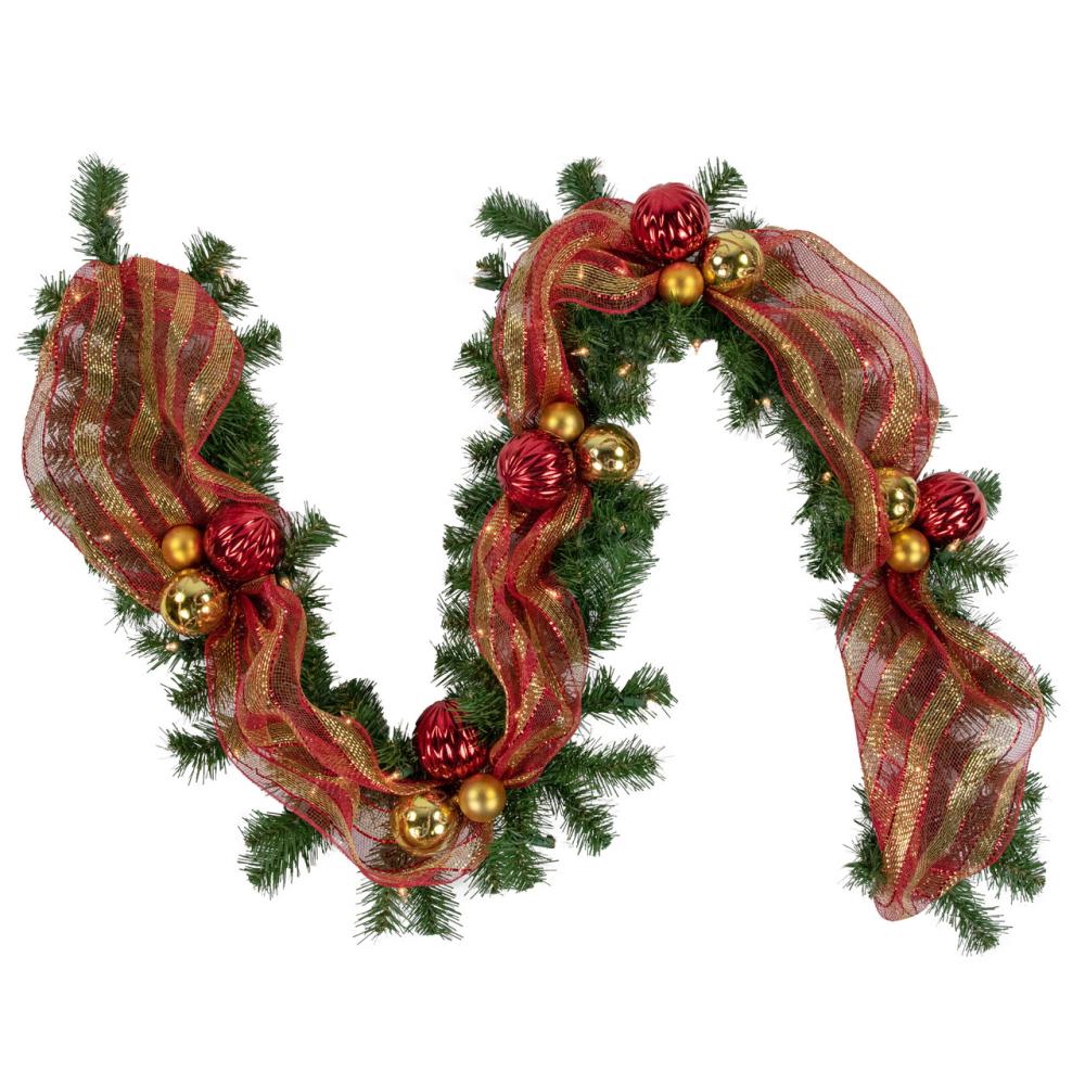 Specialty Garland | 6ft Pre-Lit Decorated Red and Gold Artificial Christmas Garland, Clear Lights Garland Pre-Lit Garland