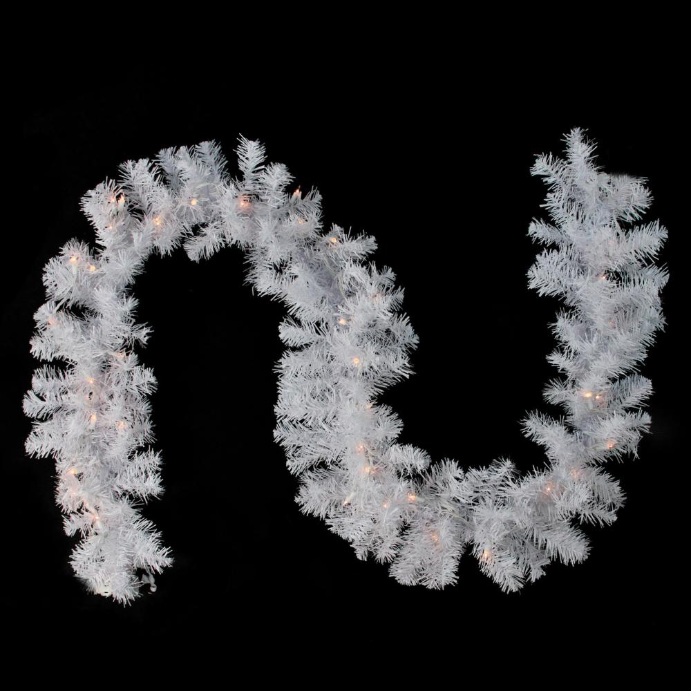 Specialty Garland | 9′ x 12" Pre-Lit White Crystal Spruce Artificial Christmas Garland – Clear AlwaysLit Lights Garland Pre-Lit Garland