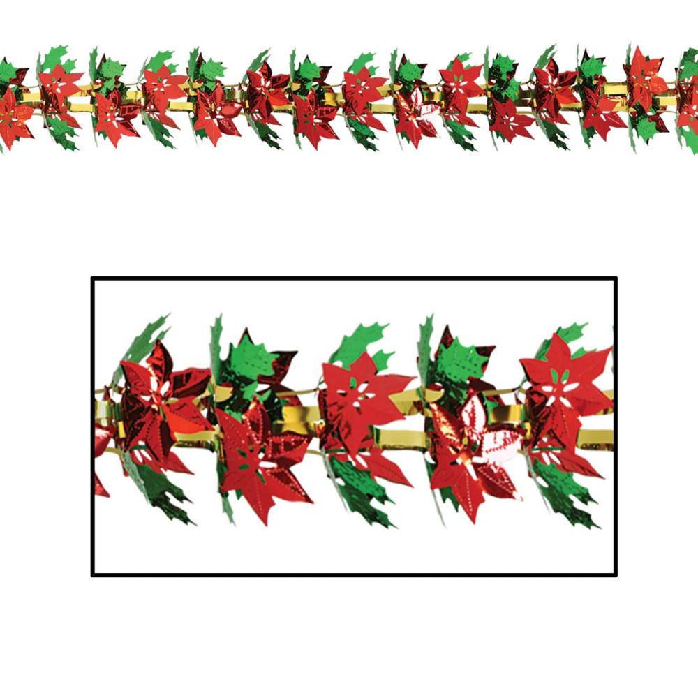 Specialty Garland | Pack of 12 Metallic Christmas Poinsettia and Holly Garland 9′ Garland Specialty Garland