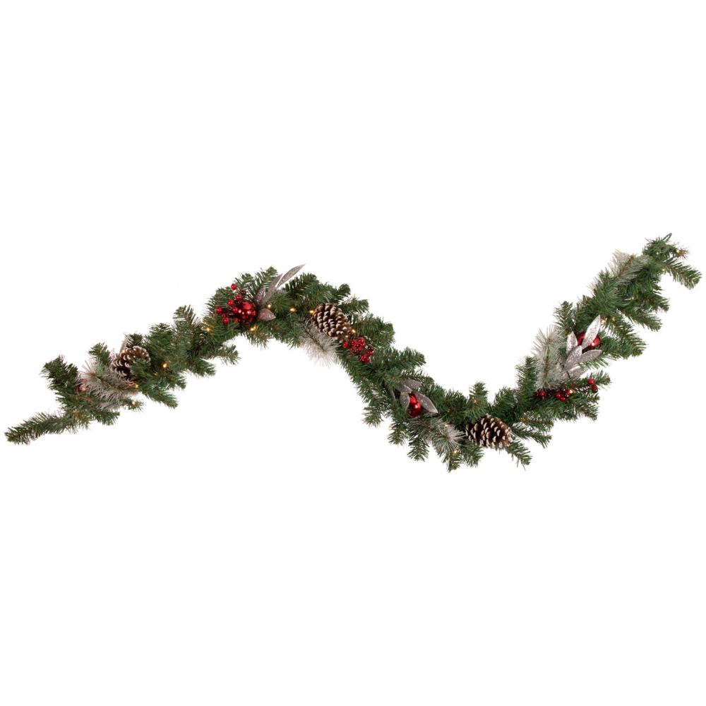 Specialty Garland | Pre-Lit Battery Operated Frosted Pine and Berries Christmas Garland – 6′ x 9" – Cool White LED Lights Garland Specialty Garland