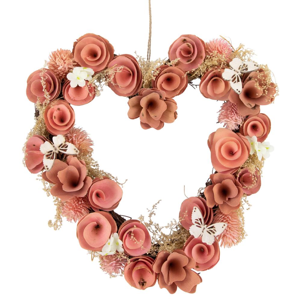 Specialty Wreaths | 10" Pink Wooden Rose Heart Spring Wreath with Butterflies Specialty Wreaths Specialty Wreaths