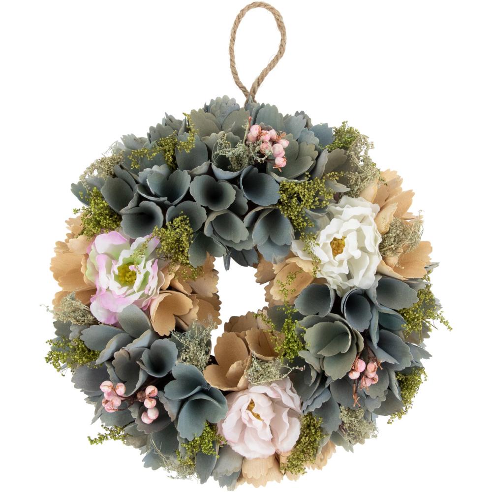 Specialty Wreaths | 10" Tan and Blue Wooden Floral Spring Wreath Specialty Wreaths Specialty Wreaths